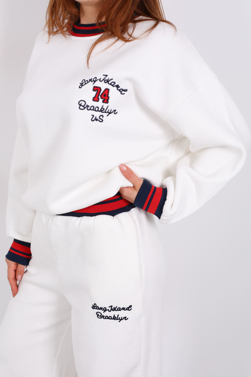 Nakışlı Üç İp Bol Paça Beyaz Kadın Takım - 2