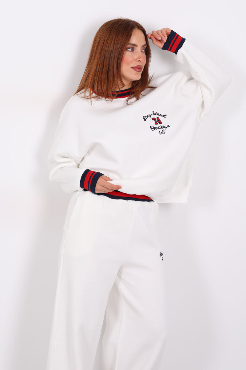 Nakışlı Üç İp Bol Paça Beyaz Kadın Takım - 1