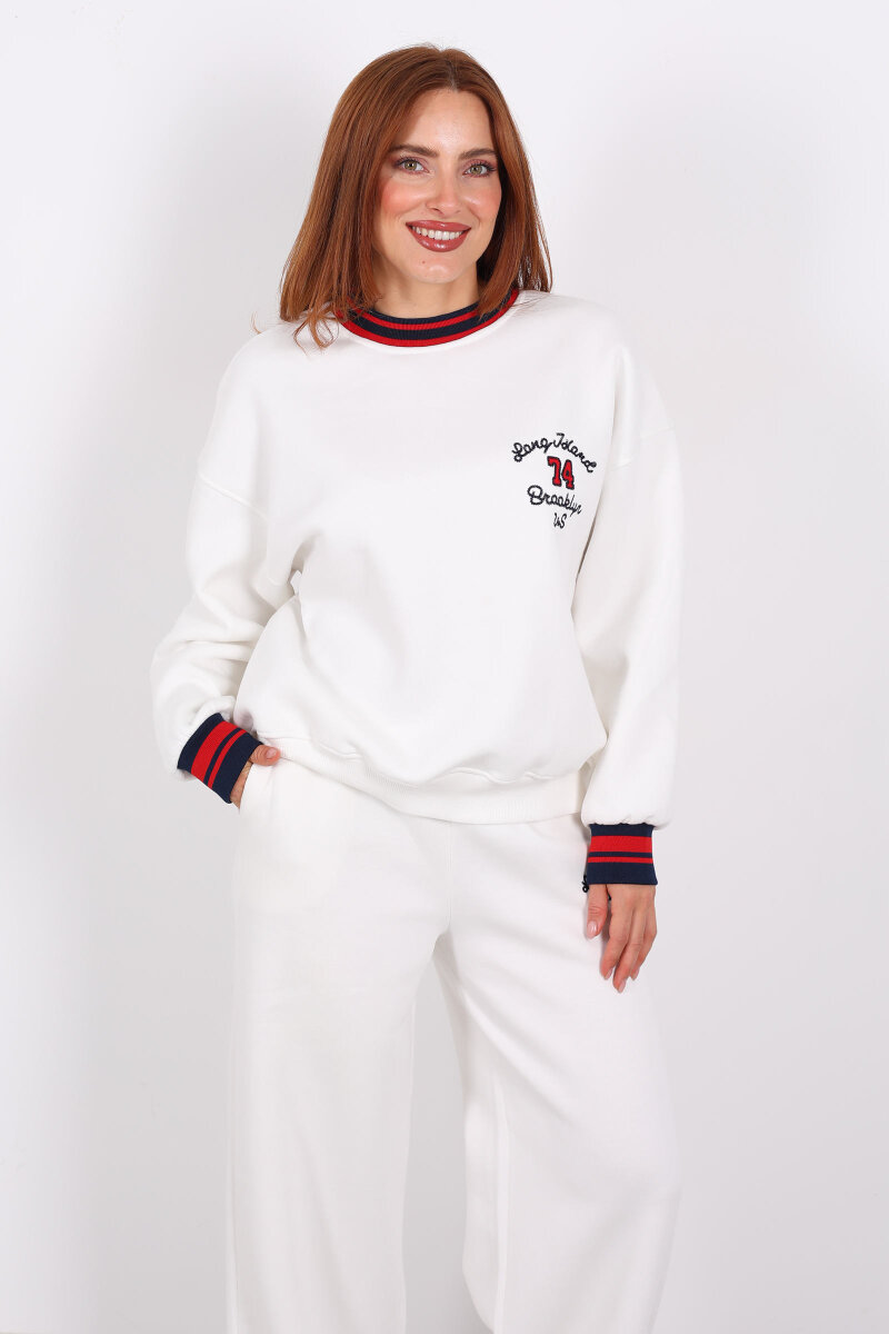 Nakışlı Üç İp Bol Paça Beyaz Kadın Takım - 6