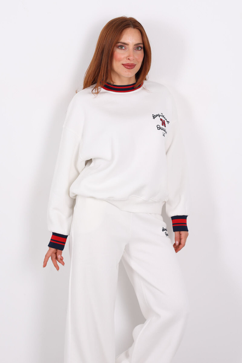 Nakışlı Üç İp Bol Paça Beyaz Kadın Takım - 4