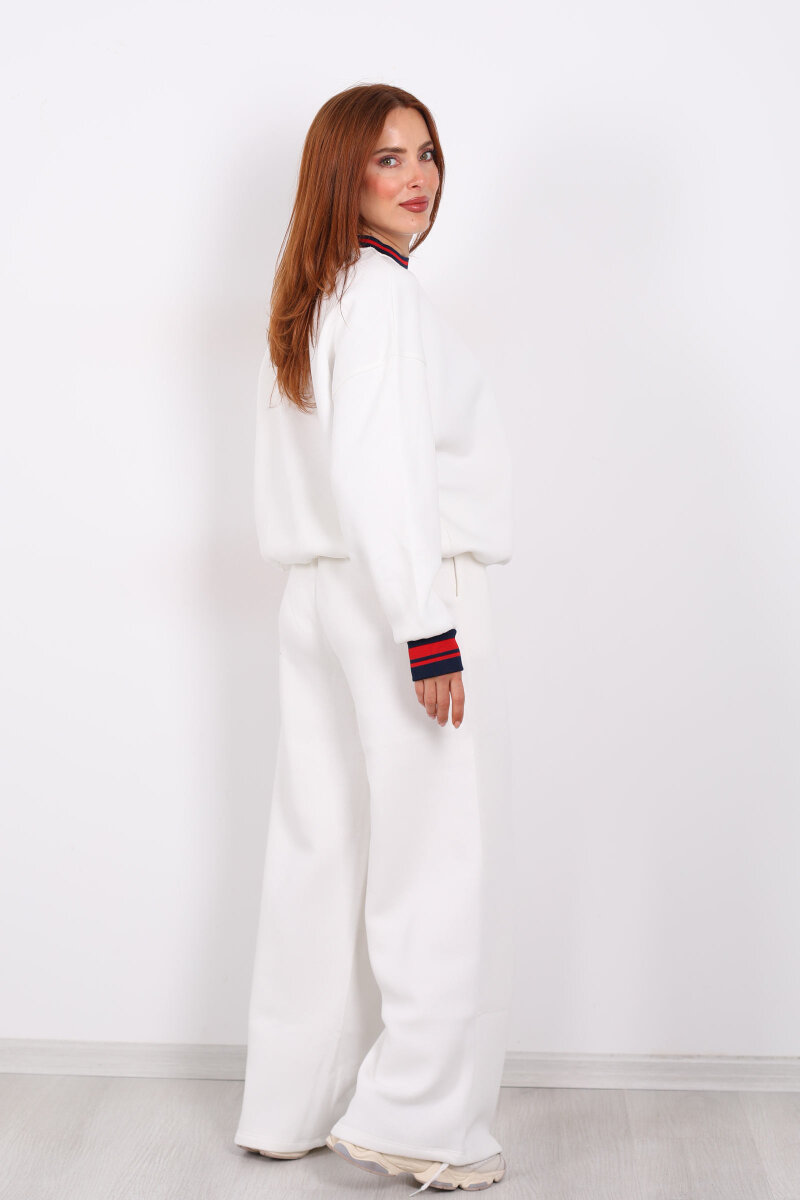 Nakışlı Üç İp Bol Paça Beyaz Kadın Takım - 7