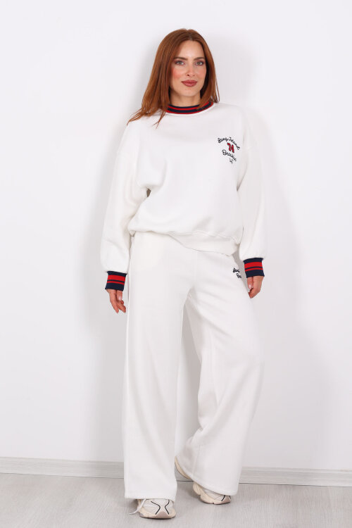 Nakışlı Üç İp Bol Paça Beyaz Kadın Takım - 3