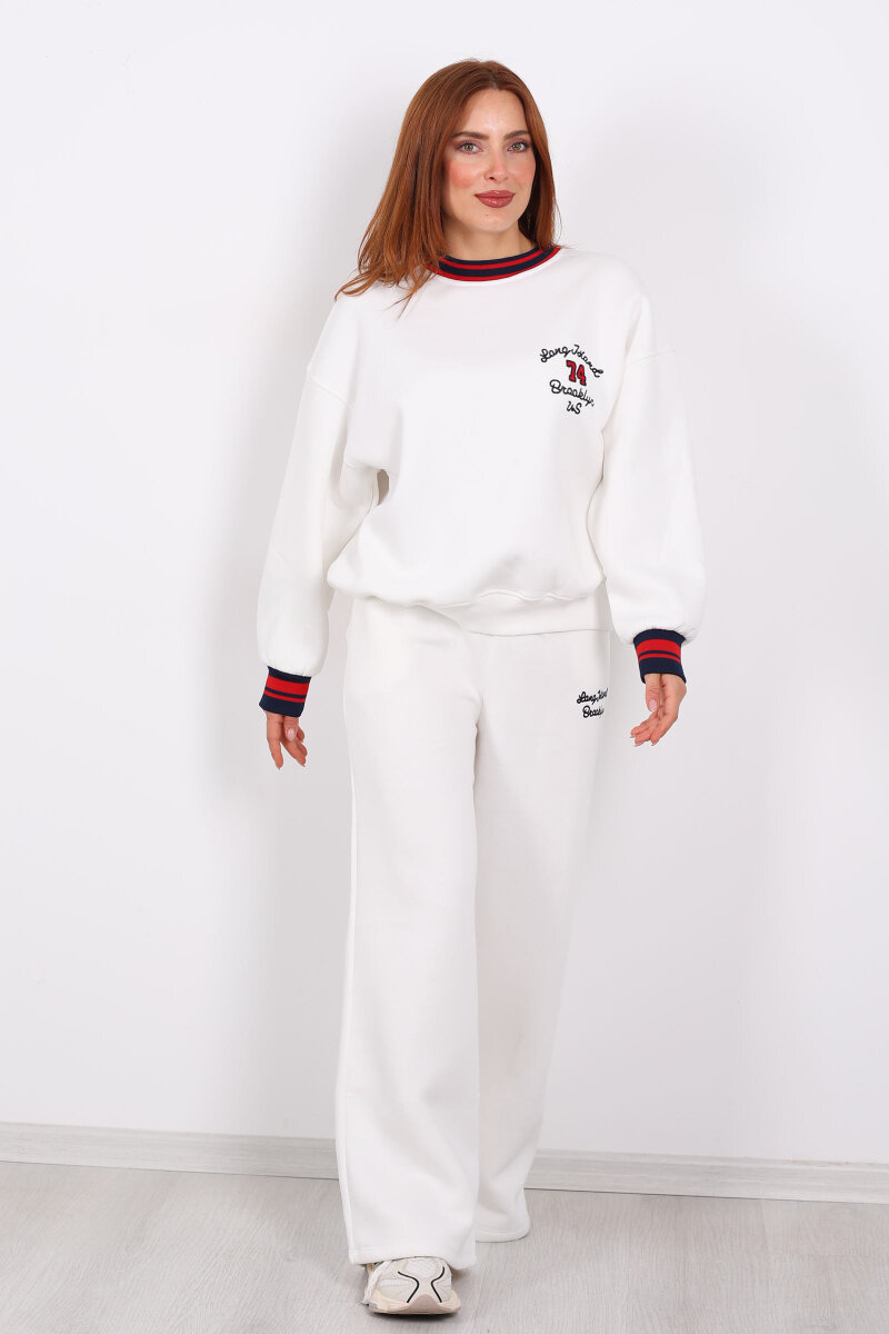 Nakışlı Üç İp Bol Paça Beyaz Kadın Takım - 8