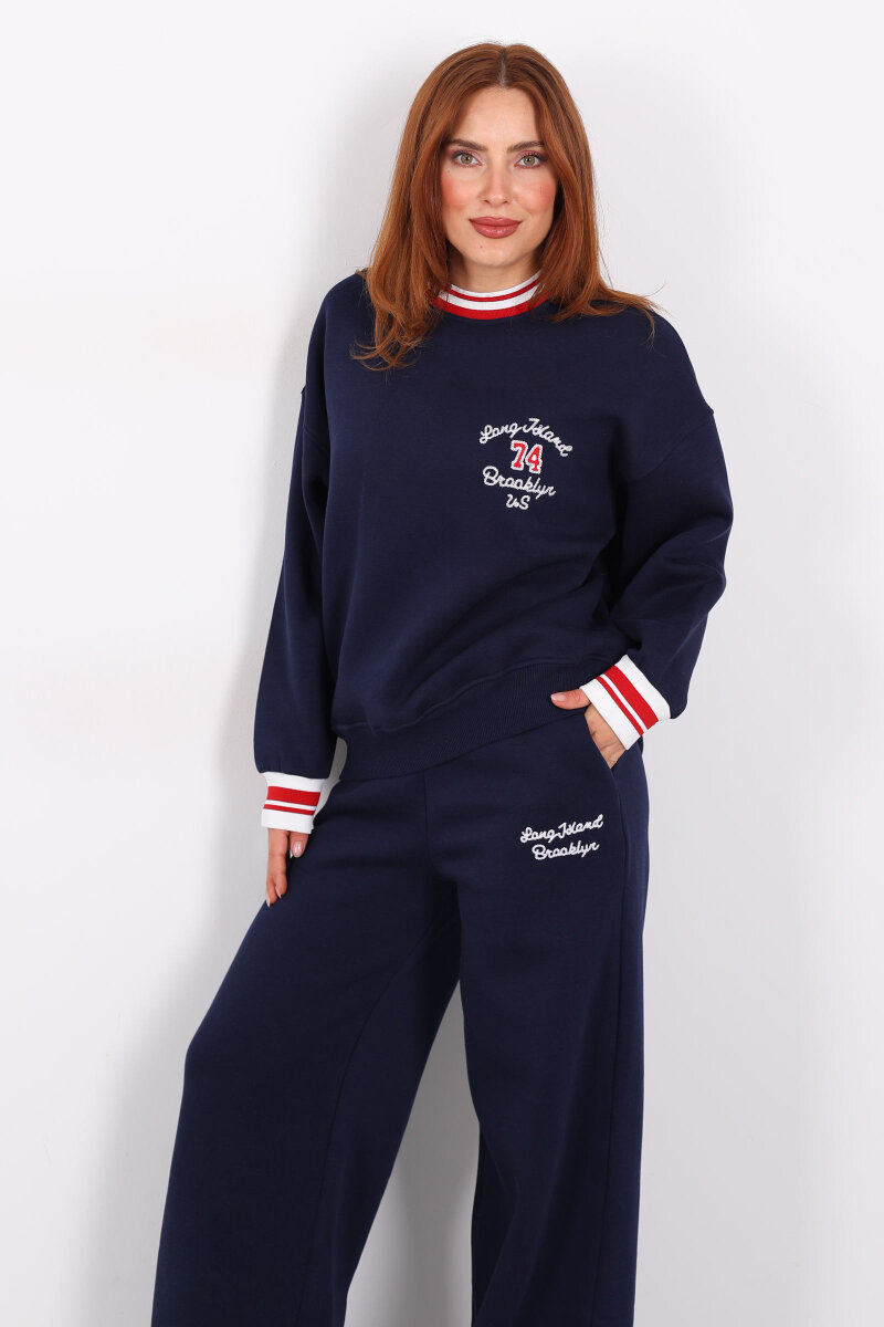 Nakışlı Üç İp Bol Paça Lacivert Kadın Takım - 7