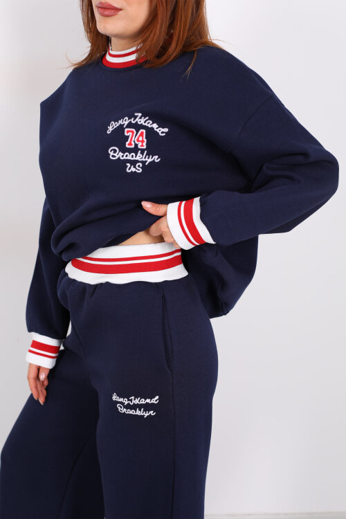 Nakışlı Üç İp Bol Paça Lacivert Kadın Takım - Berox (1)