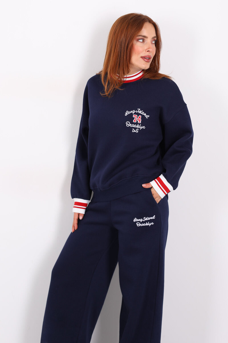 Nakışlı Üç İp Bol Paça Lacivert Kadın Takım - 5