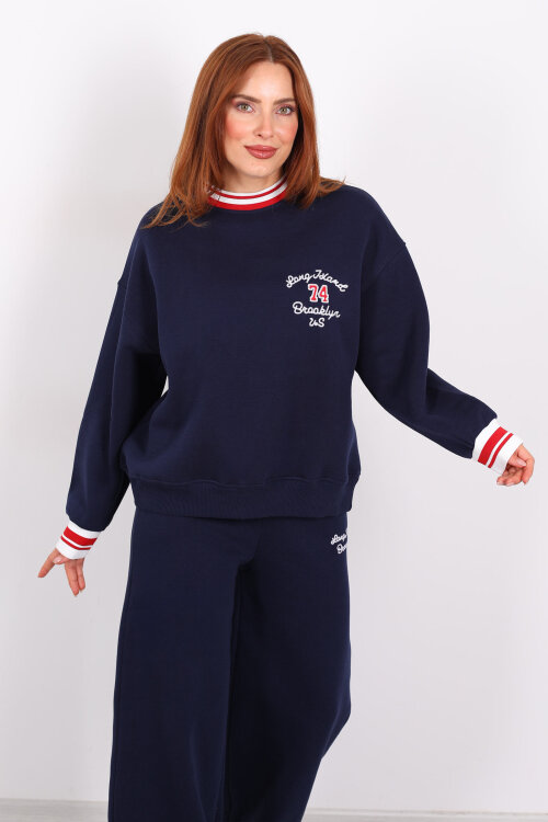 Nakışlı Üç İp Bol Paça Lacivert Kadın Takım - 3