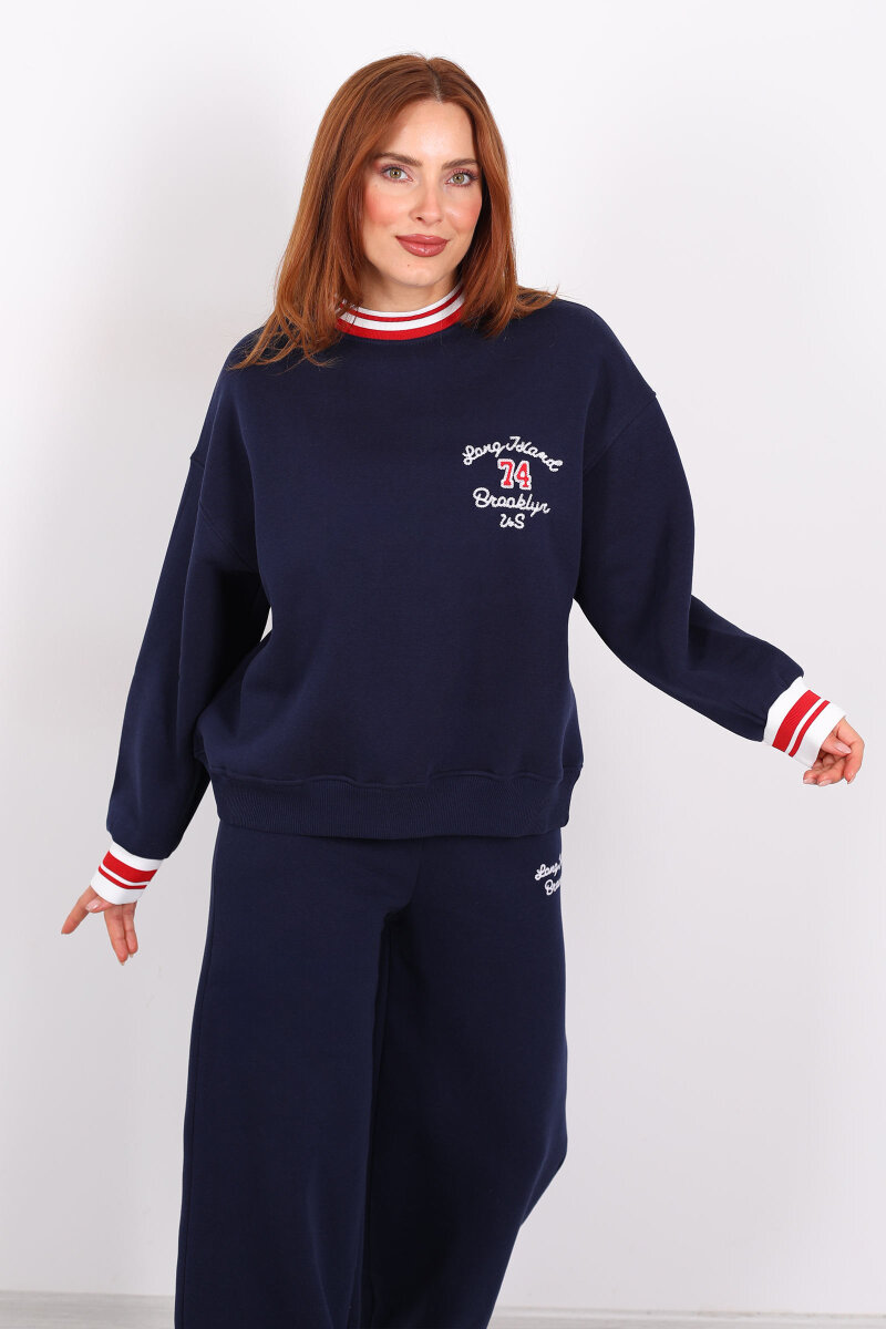 Nakışlı Üç İp Bol Paça Lacivert Kadın Takım - 3