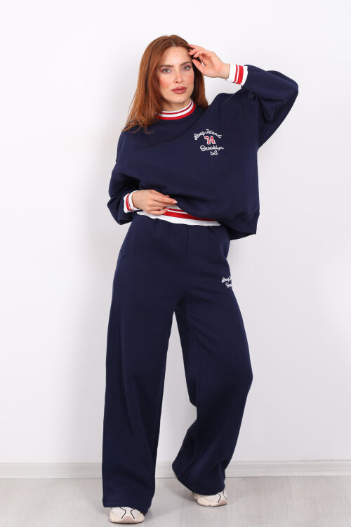 Nakışlı Üç İp Bol Paça Lacivert Kadın Takım - Berox