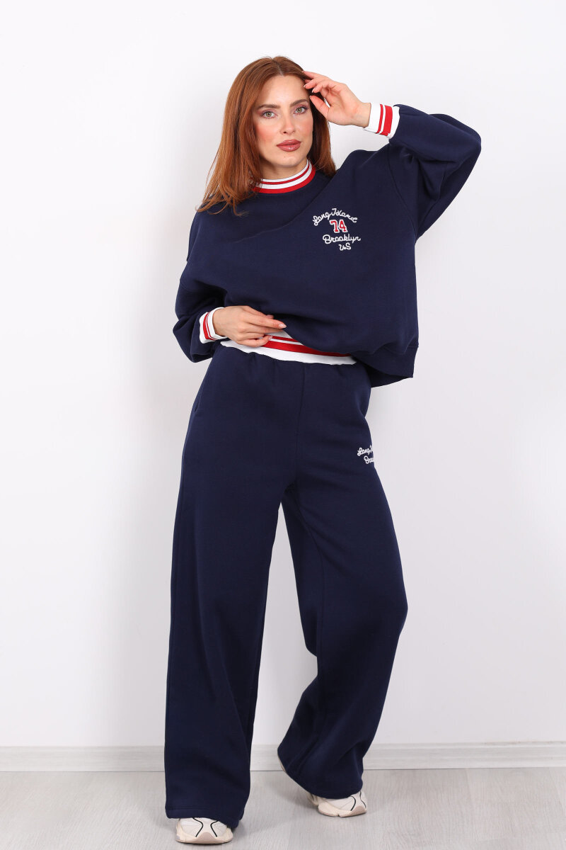 Nakışlı Üç İp Bol Paça Lacivert Kadın Takım - 1