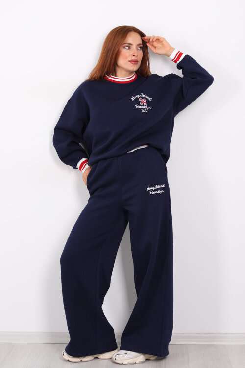 Nakışlı Üç İp Bol Paça Lacivert Kadın Takım - 4