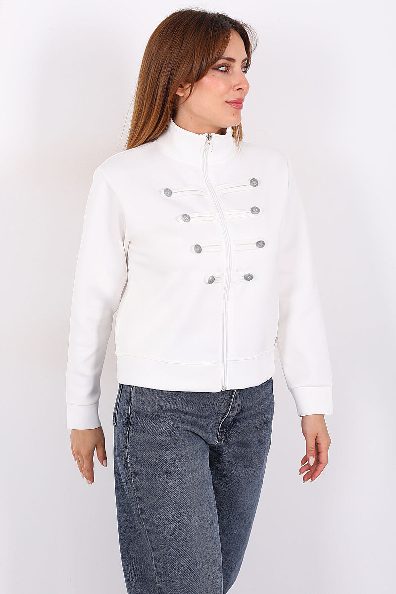 Napolyon Düğmeli Beyaz Kadın Scuba Ceket - 5