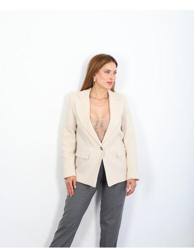 Naturel Cep Kapaklı Taş Rengi Kadın Keten Blazer Ceket - 1