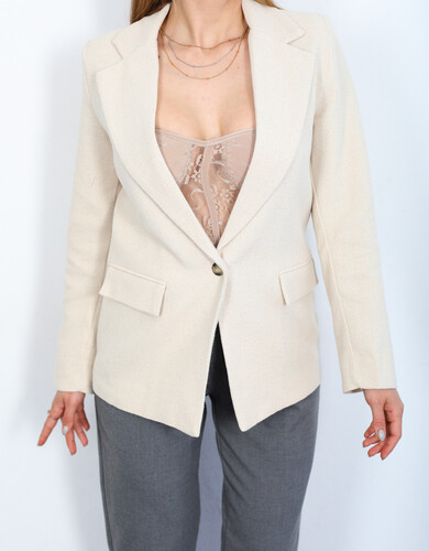 Naturel Cep Kapaklı Taş Rengi Kadın Keten Blazer Ceket - 3