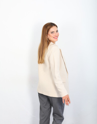 Naturel Cep Kapaklı Taş Rengi Kadın Keten Blazer Ceket - 5