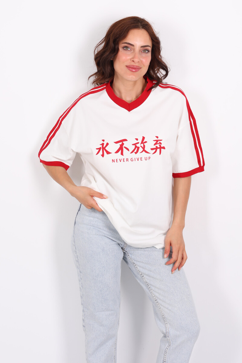Never Give Up Baskılı Garnili Oversize Ekru Kadın T-Shirt - 3