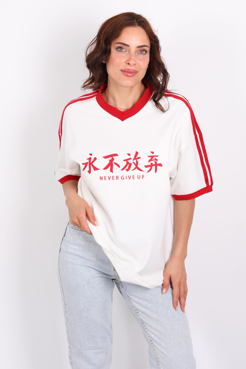 Never Give Up Baskılı Garnili Oversize Ekru Kadın T-Shirt - 1