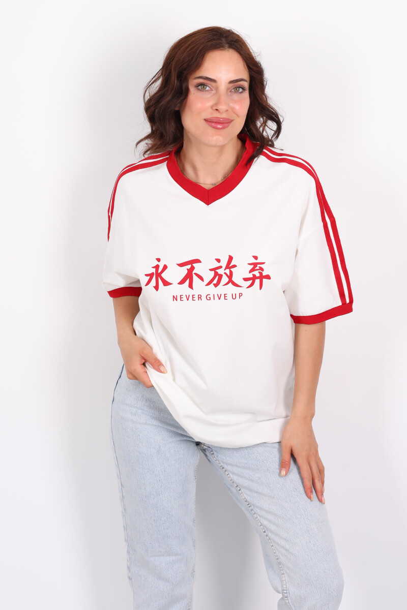 Never Give Up Baskılı Garnili Oversize Ekru Kadın T-Shirt - 4