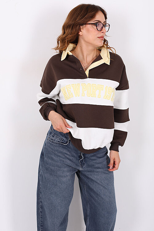NEWPORT Nakışlı Yakalı Üç İp Acı Kahve Kadın Çizgili Sweatshirt - 3