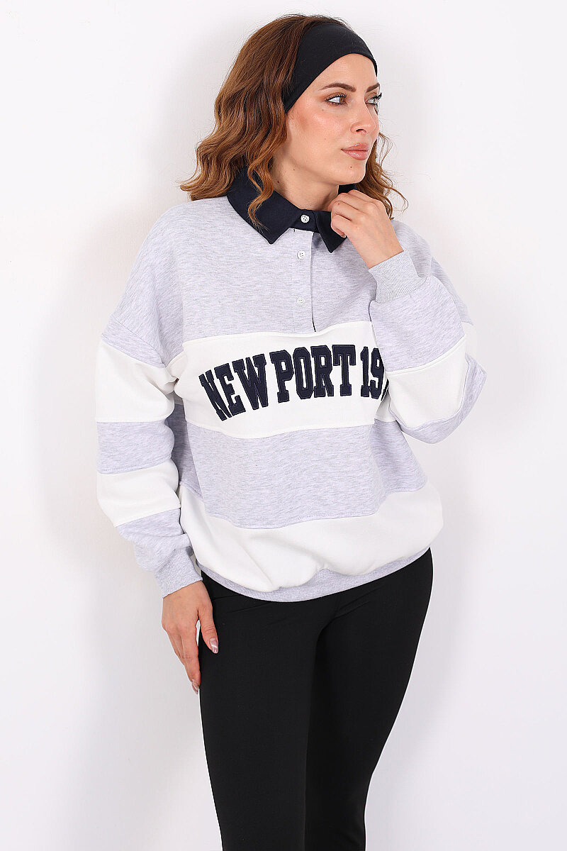 NEWPORT Nakışlı Yakalı Üç İp Gri Kadın Çizgili Sweatshirt - 4