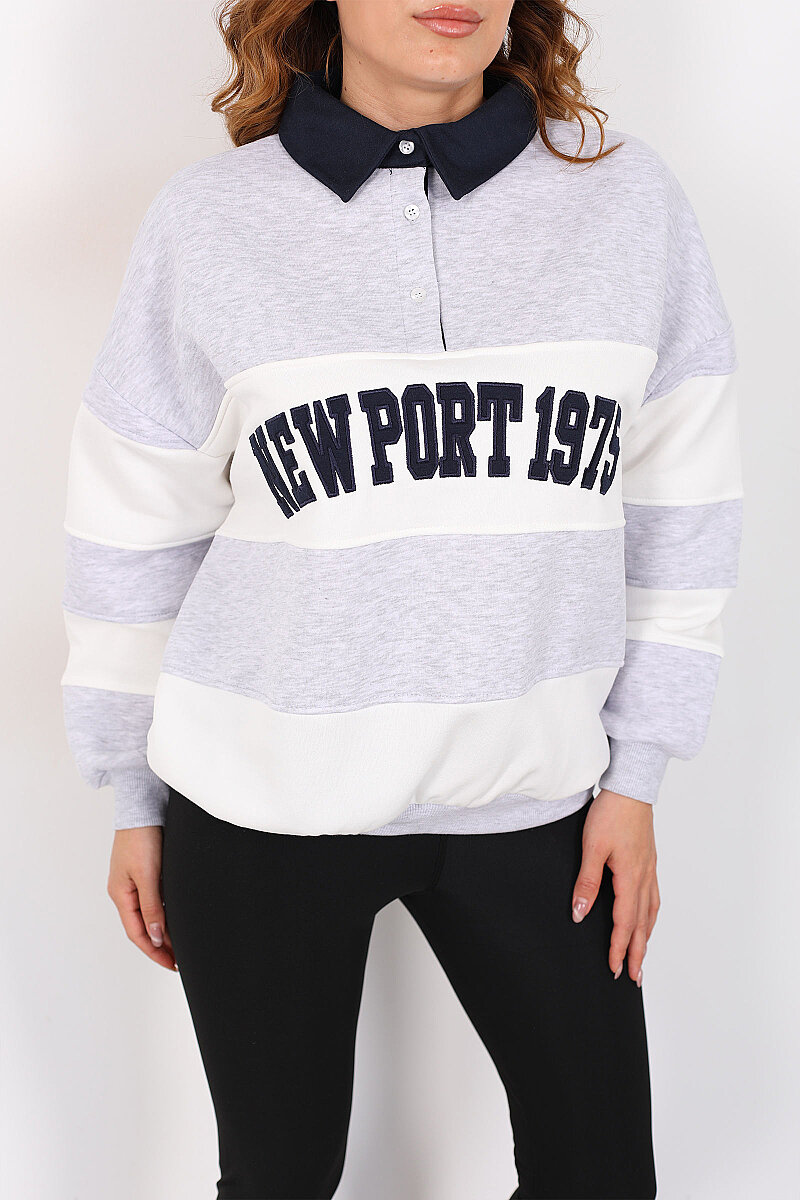 NEWPORT Nakışlı Yakalı Üç İp Gri Kadın Çizgili Sweatshirt - 2