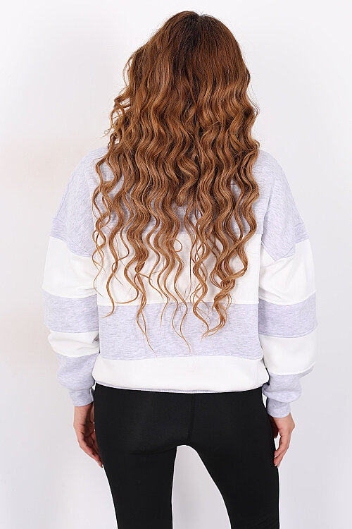 NEWPORT Nakışlı Yakalı Üç İp Gri Kadın Çizgili Sweatshirt - 5