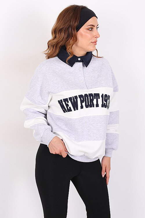 NEWPORT Nakışlı Yakalı Üç İp Gri Kadın Çizgili Sweatshirt - Berox