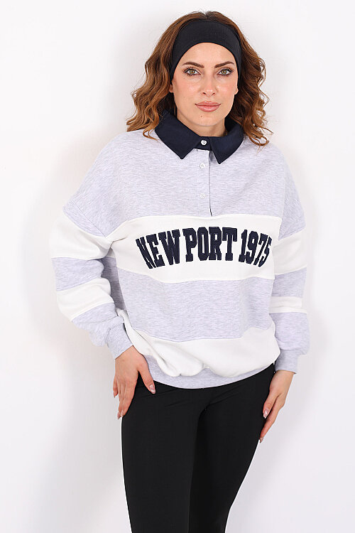 NEWPORT Nakışlı Yakalı Üç İp Gri Kadın Çizgili Sweatshirt - 6