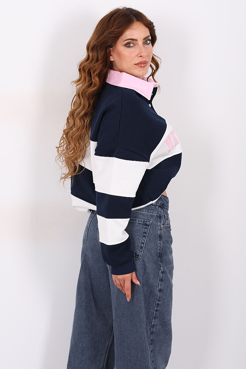 NEWPORT Nakışlı Yakalı Üç İp Lacivert Kadın Çizgili Sweatshirt - 4