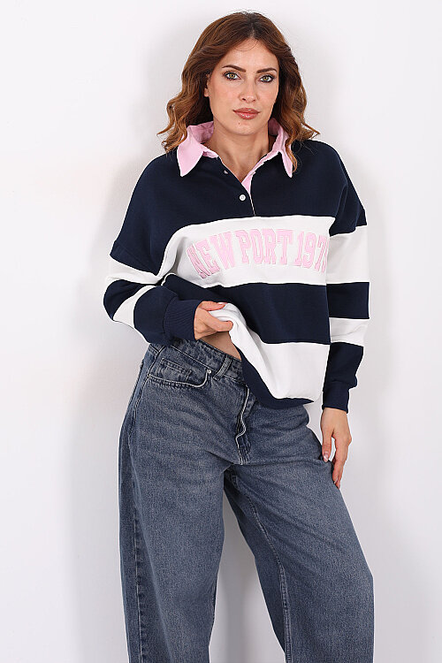 NEWPORT Nakışlı Yakalı Üç İp Lacivert Kadın Çizgili Sweatshirt - 5