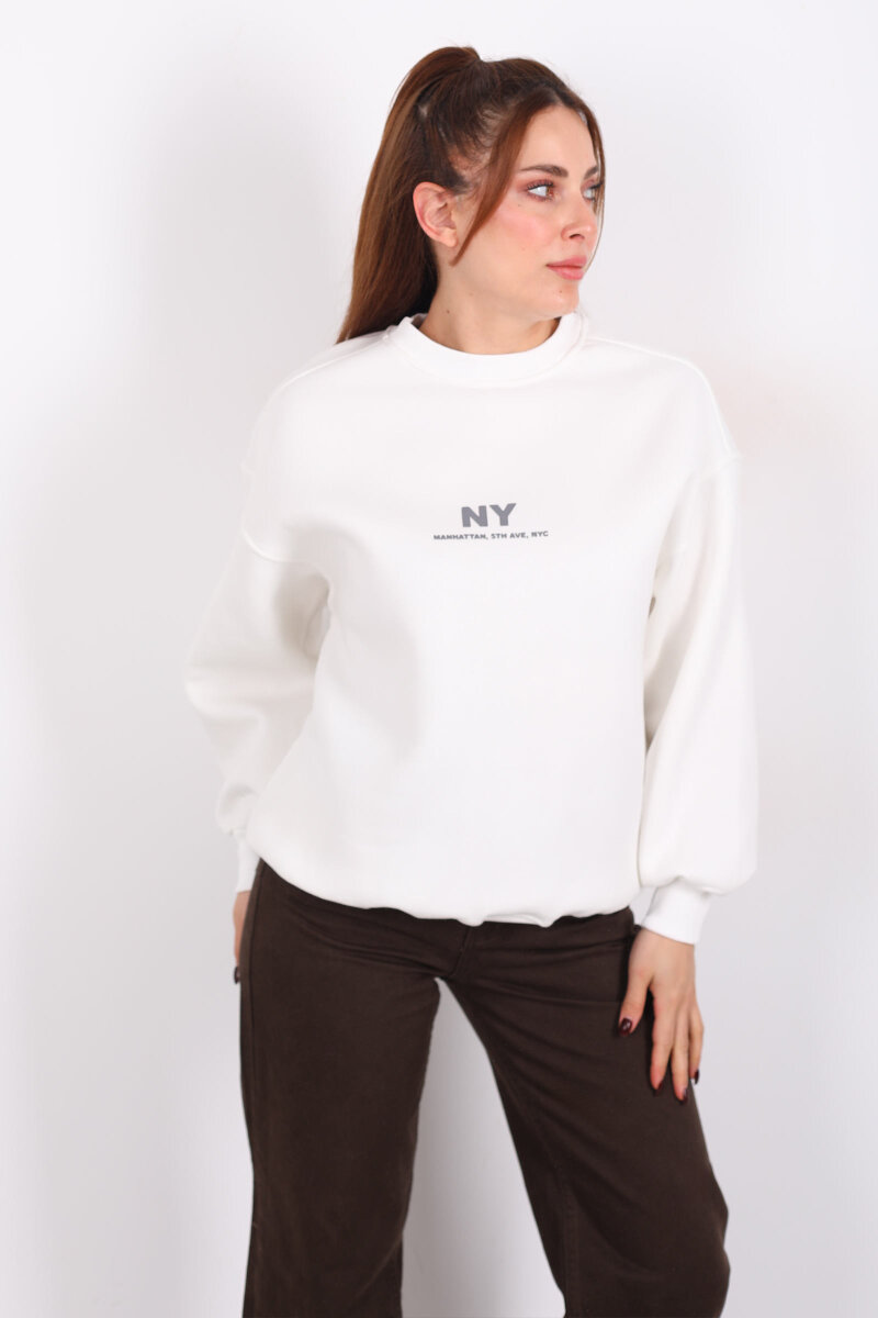 NY Baskılı Beyaz Kadın Üç İp Sweatshirt - 5