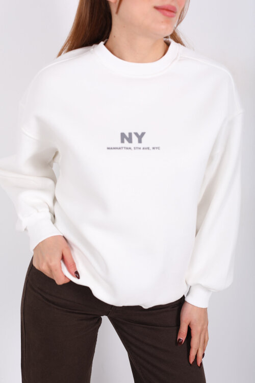 NY Baskılı Beyaz Kadın Üç İp Sweatshirt - Berox (1)