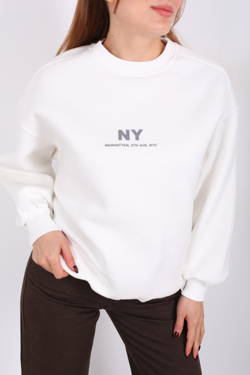 NY Baskılı Beyaz Kadın Üç İp Sweatshirt - 2