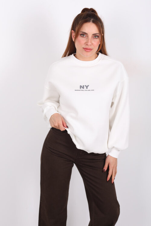 NY Baskılı Beyaz Kadın Üç İp Sweatshirt - Berox