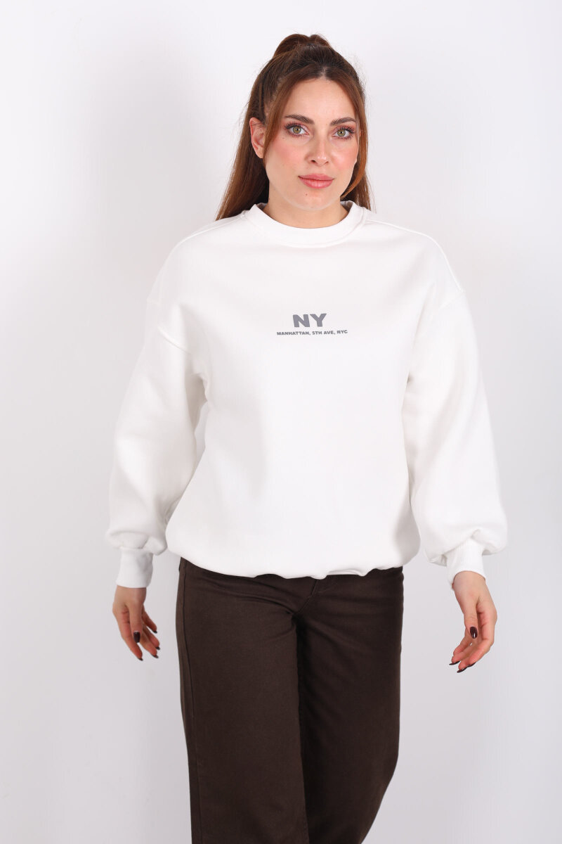 NY Baskılı Beyaz Kadın Üç İp Sweatshirt - 3