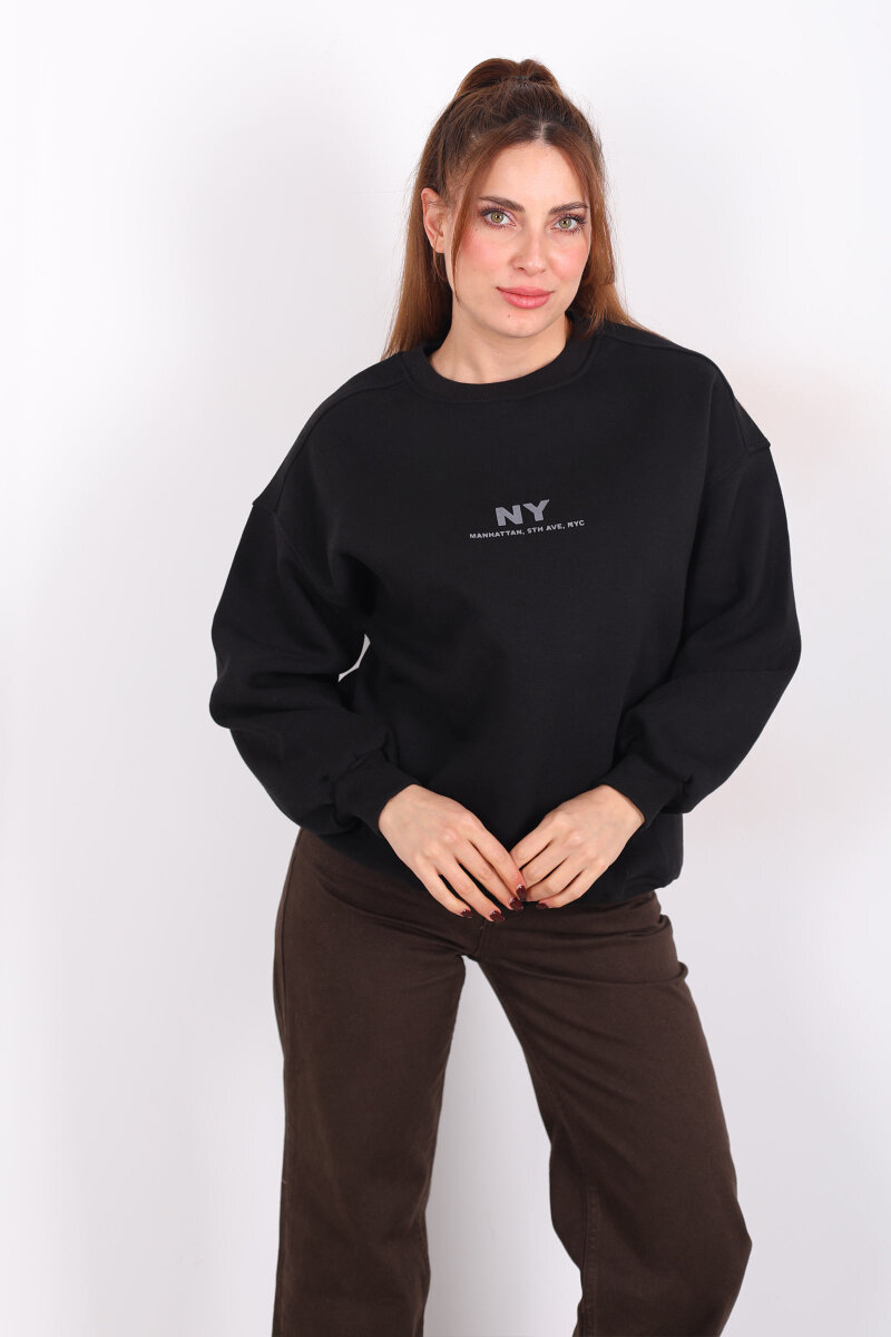 NY Baskılı Siyah Kadın Üç İp Sweatshirt - 1