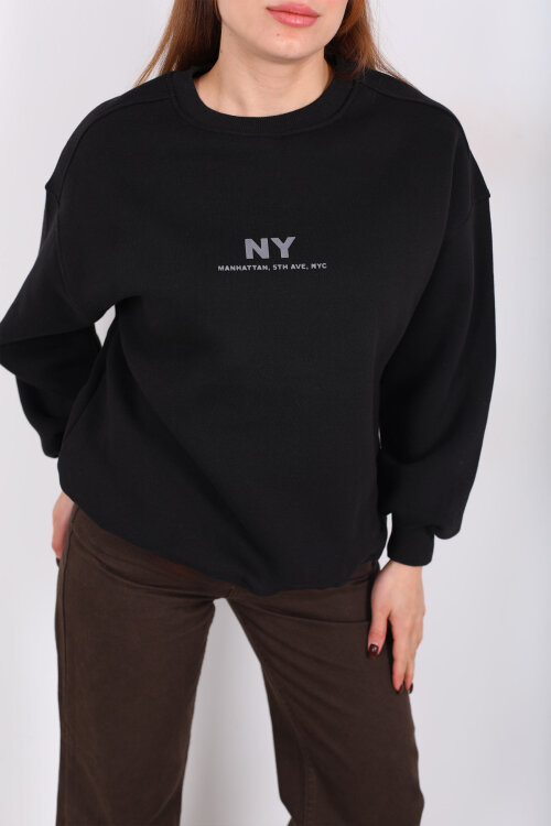 NY Baskılı Siyah Kadın Üç İp Sweatshirt - Berox (1)