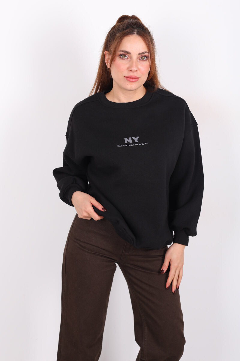 NY Baskılı Siyah Kadın Üç İp Sweatshirt - 3