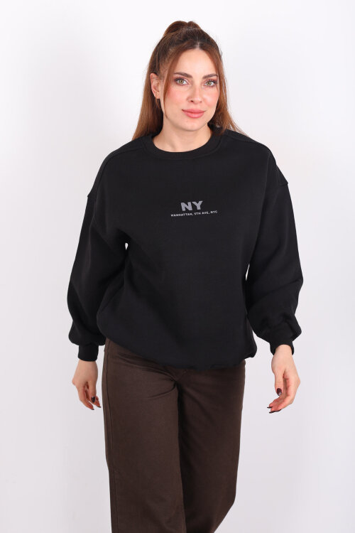 NY Baskılı Siyah Kadın Üç İp Sweatshirt - 5