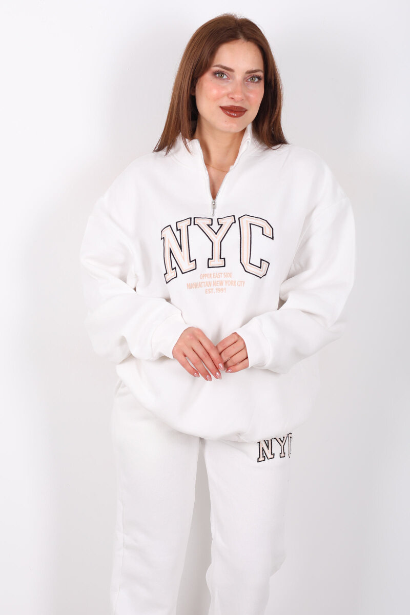 NYC Baskılı Dik Yaka Üç İplik Beyaz Kadın Eşofman Takım - 3