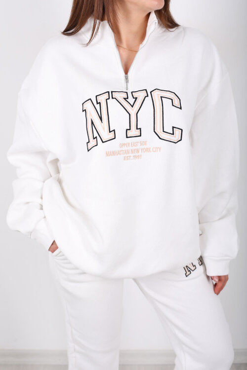 NYC Baskılı Dik Yaka Üç İplik Beyaz Kadın Eşofman Takım - Berox (1)