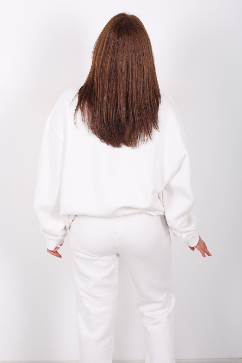 NYC Baskılı Dik Yaka Üç İplik Beyaz Kadın Eşofman Takım - 5