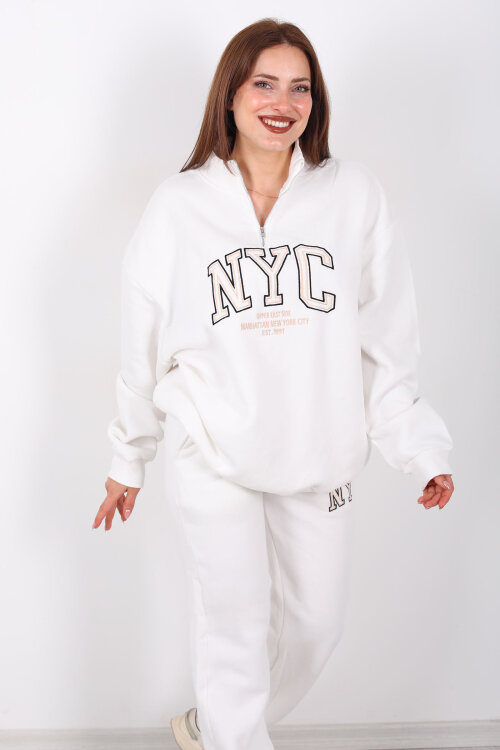 NYC Baskılı Dik Yaka Üç İplik Beyaz Kadın Eşofman Takım - 6