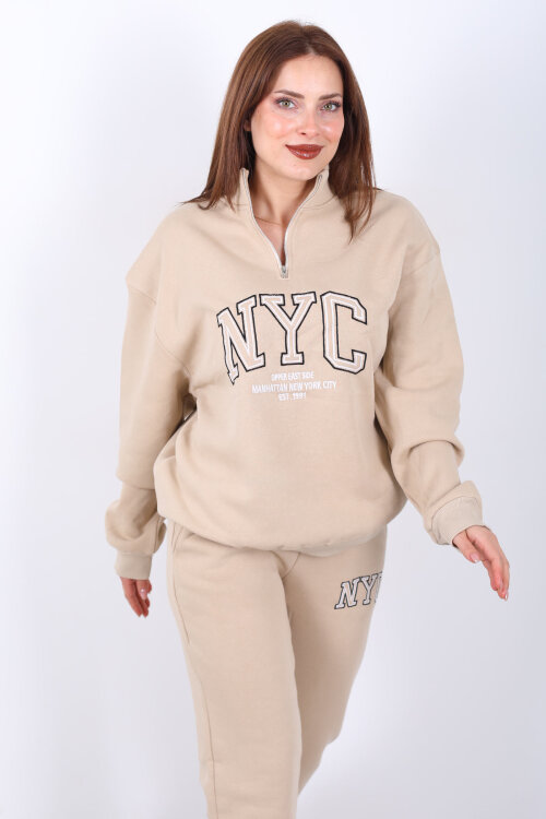 NYC Baskılı Dik Yaka Üç İplik Taş Rengi Kadın Eşofman Takım - 4