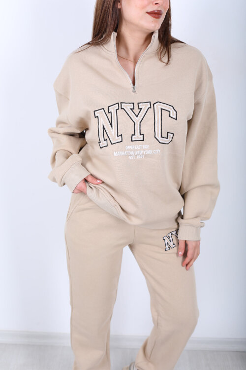 NYC Baskılı Dik Yaka Üç İplik Taş Rengi Kadın Eşofman Takım - 2