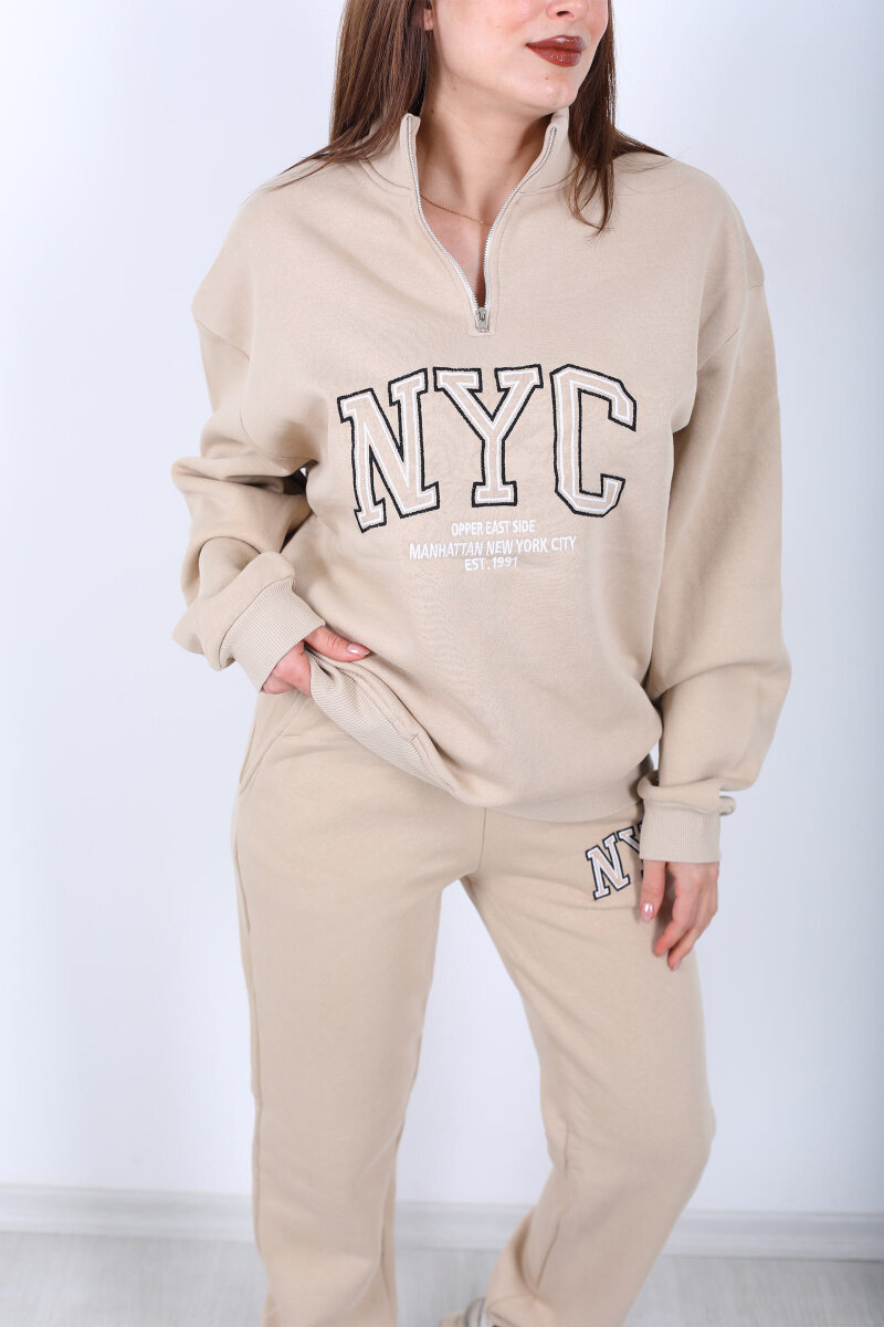 NYC Baskılı Dik Yaka Üç İplik Taş Rengi Kadın Eşofman Takım - 2