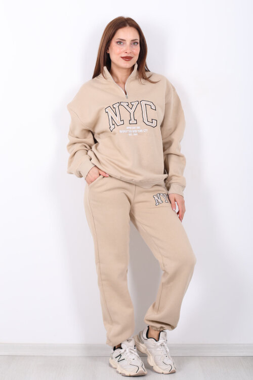 NYC Baskılı Dik Yaka Üç İplik Taş Rengi Kadın Eşofman Takım - 3