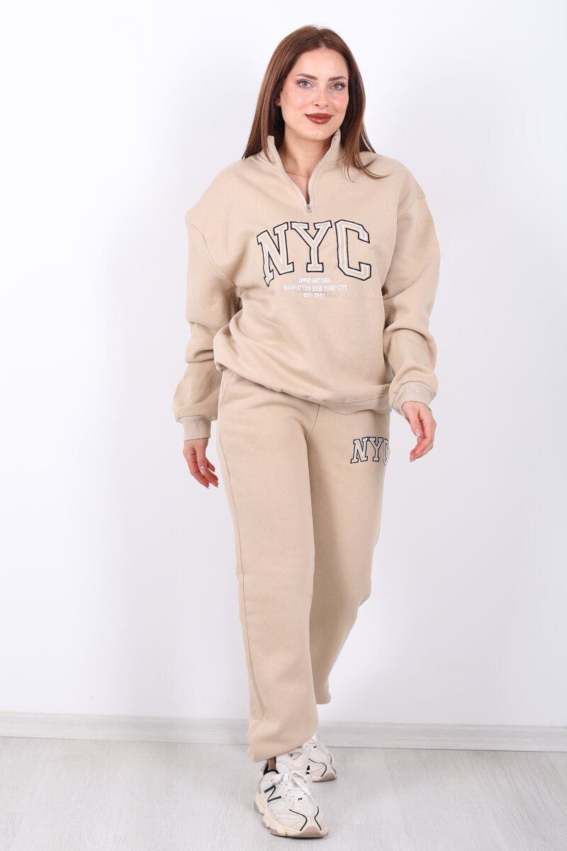 NYC Baskılı Dik Yaka Üç İplik Taş Rengi Kadın Eşofman Takım - 6