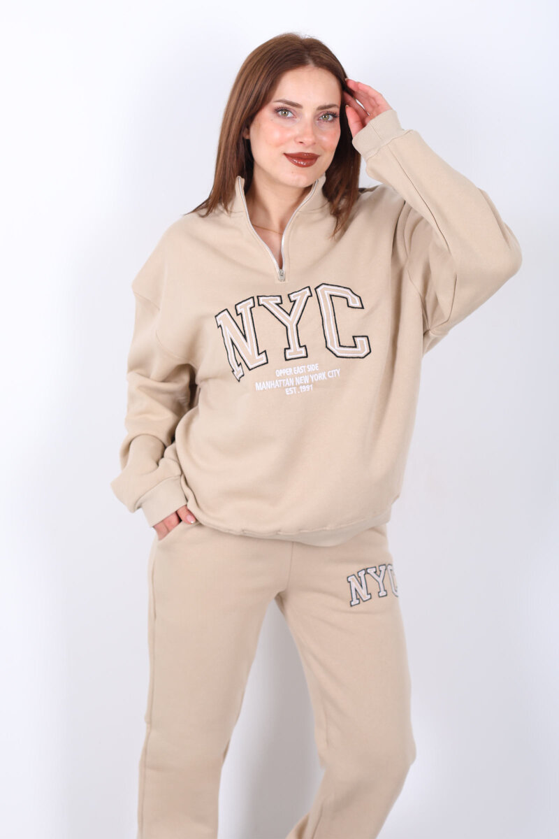 NYC Baskılı Dik Yaka Üç İplik Taş Rengi Kadın Eşofman Takım - 1