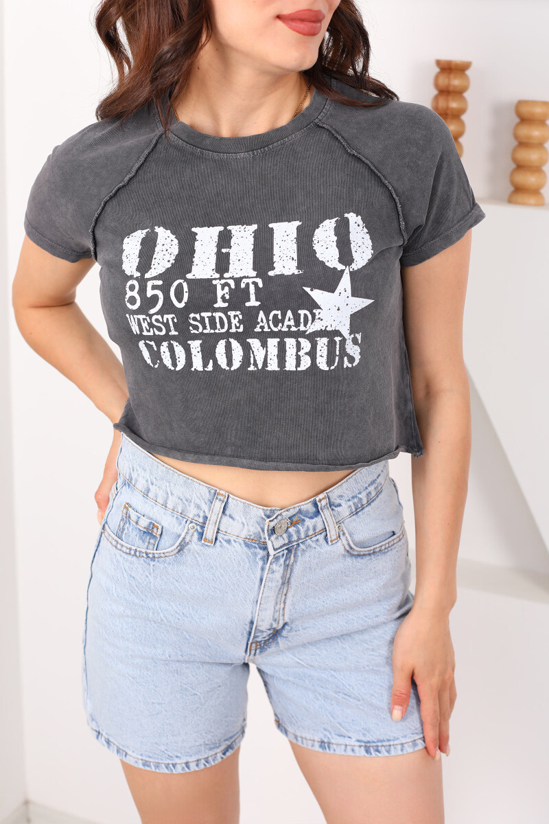 Ohio Baskılı Yıkamalı Antrasit Kadın Crop - 2